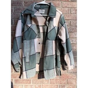 Ashley Outerwear Green Cream Plaid Wool Blend Jacket Cozy Shacket Layer Womens M